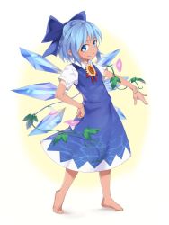 Rule 34 | &gt;:), 1girl, asutora, barefoot, blue bow, blue dress, blue eyes, blue hair, bow, cirno, dress, flower, full body, hair bow, hand on own hip, hidden star in four seasons, highres, ice, ice wings, large bow, leaf, looking at viewer, outstretched arm, plant, short hair, short sleeves, simple background, smile, solo, sunflower, tan, tanline, tanned cirno, touhou, v-shaped eyebrows, vines, white background, wings