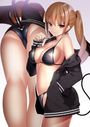 Rule 34 | &gt;:), 1girl, ass, bare legs, bare shoulders, bikini, black bikini, black jacket, breasts, brown hair, butt crack, closed eyes, closed mouth, clothing cutout, collarbone, commentary request, demon tail, demon wings, from below, gradient background, grey background, hand in pocket, highres, jacket, large breasts, long hair, looking at viewer, machimura komori, multiple views, off shoulder, open clothes, open jacket, original, ponytail, red eyes, smile, smug, strap lift, sweat, swimsuit, tail, tail through clothes, v-shaped eyebrows, wings