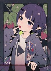 Rule 34 | 1girl, absurdres, animal ears, blue eyes, blunt bangs, blush, drawstring, eating, flower, food, food in mouth, fruit, hair ornament, highres, hololive, hololive english, jacket, long sleeves, looking at viewer, mole, mole under eye, nail polish, ninomae ina&#039;nis, ninomae ina&#039;nis (loungewear), ouchi040, pointy ears, progress bar, purple hair, short hair, solo, strawberry, virtual youtuber