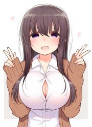 Rule 34 | 1girl, ?, blush, breasts, brown hair, button gap, cardigan, double v, hair between eyes, half-closed eyes, huge breasts, long hair, looking at viewer, nekoume, open cardigan, open clothes, open mouth, original, purple eyes, shirt, sidelocks, smile, solo, tareme, upper body, v, white shirt