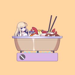 Rule 34 | 1girl, amanogawa shiina, blonde hair, crab, cross (vgne4542), food, highres, long hair, nabe, phase connect, purple eyes, simple background, solo