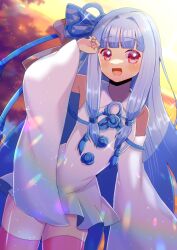 Rule 34 | 1girl, :d, arm up, blue hair, blurry, blurry background, blush, bow, collared dress, commentary request, commission, depth of field, detached sleeves, dress, hair bow, hair intakes, kotonoha aoi, kou hiyoyo, long hair, long sleeves, looking at viewer, open mouth, pink thighhighs, red eyes, skeb commission, sleeveless, sleeveless dress, smile, solo, thighhighs, very long hair, voiceroid, white dress, white sleeves, wide sleeves