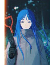 Rule 34 | 1girl, absurdres, black gloves, blue hair, blurry, blurry background, bokeh, chromatic aberration, closed mouth, coat, depth of field, gloves, grey coat, grey eyes, grey jacket, highres, holding, holding strap, jacket, kotorino mabuta, long hair, long sleeves, looking at viewer, original, shovel, smile, solo, straight-on, upper body