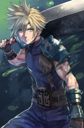 Rule 34 | 1boy, aqua eyes, armor, bandaged arm, bandages, blonde hair, brown gloves, buster sword, clenched hand, closed mouth, cloud strife, covered navel, earrings, eyes visible through hair, final fantasy, final fantasy vii, final fantasy vii remake, fingerless gloves, fingernails, gloves, hair between eyes, highres, holding, holding sword, holding weapon, hotate-chan, huge weapon, jewelry, male focus, muscular, over shoulder, pauldrons, ribbed sweater, screw, shoulder armor, single earring, single pauldron, solo, square enix, sweater, sword, sword over shoulder, turtleneck, vambraces, weapon, weapon over shoulder