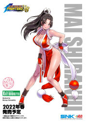 Rule 34 | 1girl, artist name, bare shoulders, breasts, brown eyes, brown hair, character name, cleavage, closed mouth, collarbone, commentary request, company connection, company name, copyright name, fatal fury, folded fan, folding fan, full body, hair ornament, hand fan, high ponytail, holding, japanese clothes, kotobukiya, lips, logo, long hair, looking at viewer, medium breasts, ninja, official art, parted bangs, pelvic curtain, ponytail, revealing clothes, rope, shiny skin, shiranui mai, simple background, sleeveless, smile, snk, solo, standing, the king of fighters, thighs, yamashita shun&#039;ya