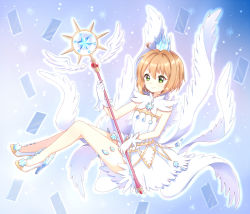 Rule 34 | 1girl, blush, cardcaptor sakura, closed mouth, commentary request, crown, dress, feathered wings, full body, gloves, green eyes, hair between eyes, high heels, highres, holding, holding staff, kinomoto sakura, light (luxiao deng), light brown hair, looking at viewer, mini crown, multiple wings, short hair, sleeveless, sleeveless dress, smile, solo, staff, white dress, white footwear, white gloves, white wings, wings, yume no tsue