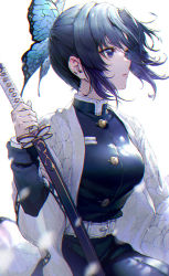Rule 34 | 1girl, belt, belt buckle, black hair, black jacket, black skirt, breasts, buckle, butterfly hair ornament, commentary request, glint, hair ornament, haori, hisahisahisahisa, holding, holding sword, holding weapon, jacket, japanese clothes, kimetsu no yaiba, kochou shinobu, long sleeves, looking afar, looking away, medium breasts, open clothes, parted bangs, parted lips, purple eyes, sheath, sheathed, short hair, sidelocks, simple background, sitting, skirt, solo, sword, weapon, white background