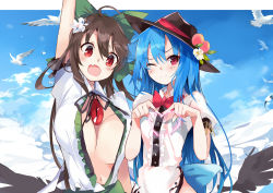 Rule 34 | 2girls, :d, ;), ahoge, arm up, bird, bird wings, black hair, black hat, blue hair, blush, bow, bowtie, breasts, center opening, day, dress shirt, fang, food, fruit, green bow, hair between eyes, hair bow, hat, heart, heart hands, hinanawi tenshi, large breasts, leaf, long hair, looking at viewer, multiple girls, no bra, one eye closed, open clothes, open mouth, open shirt, peach, red bow, red bowtie, reiuji utsuho, shirt, short sleeves, smile, tetsurou (fe+), third eye, touhou, wings
