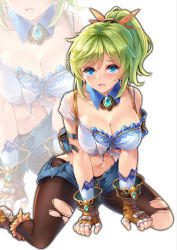 Rule 34 | 1girl, all fours, black pantyhose, blue eyes, blush, breasts, cleavage, commentary request, denim, denim shorts, detached collar, fingerless gloves, full body, garter belt, garter straps, gem, gloves, green hair, hair ornament, highres, lingerie, long hair, looking at viewer, makirin, navel, open mouth, pantyhose, ponytail, sennen sensou aigis, shorts, solo, tearing up, torn clothes, torn pantyhose, underwear, white background, zoom layer