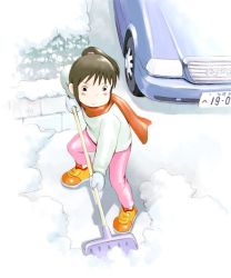 Rule 34 | 00s, 1girl, :|, audi, black eyes, black hair, blush, brick, bush, car, child, cleaning, closed mouth, from above, legs apart, long hair, long sleeves, mittens, motor vehicle, ogino chihiro, outdoors, pants, pink pants, scarf, sen to chihiro no kamikakushi, shadow, shoes, shovel, snow, solo, standing, studio ghibli, sweater, vehicle, winter, winter clothes, worktool