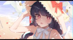 Rule 34 | 1girl, absurdres, beach, bird, black hair, blue archive, blush, braid, bright pupils, choker, commentary, crying, fang, hands up, hat, hat tug, highres, letterboxed, long hair, looking at viewer, low twintails, miyu (blue archive), miyu (swimsuit) (blue archive), ocean, official alternate costume, open mouth, outdoors, pang-yo, portrait, red eyes, seagull, skin fang, solo, starfish, straw hat, symbol-only commentary, twin braids, twintails, white choker, white pupils