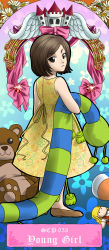 Rule 34 | 1girl, art nouveau, bare shoulders, bow, brown eyes, brown hair, castle, character name, child, dragon ash, dress, flower, highres, looking at viewer, looking back, ribbon, scp-053, scp foundation, solo, standing, stuffed animal, stuffed toy, tarot, toy, wings