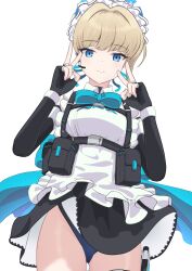 Rule 34 | 1girl, apron, belt, belt pouch, black belt, black dress, black gloves, blonde hair, blue archive, blue bow, blue bowtie, blue eyes, blue leotard, blue ribbon, blunt bangs, bow, bowtie, breasts, chest harness, closed mouth, commentary request, cowboy shot, double v, dress, elbow gloves, expressionless, fingerless gloves, gloves, hands up, harness, headset, highres, leotard, leotard peek, looking at viewer, looking down, maid, maid apron, maid headdress, medium breasts, pouch, ribbon, short hair, simple background, solo, standing, syimo, toki (blue archive), v, white apron, white background