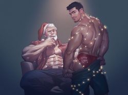 Rule 34 | 2boys, abs, ass, bara, bare pectorals, beard, belt, black hair, black pants, black shorts, christmas lights, clothes pull, facial hair, hat, large pectorals, male focus, male underwear, male underwear peek, mature male, merry christmas, multiple boys, muscular, muscular male, navel, nipples, open clothes, open shirt, original, pants, pectorals, red male underwear, red shirt, santa hat, shirt, short hair, shorts, shorts pull, silverjow, sitting, smile, topless male, underwear, white hair