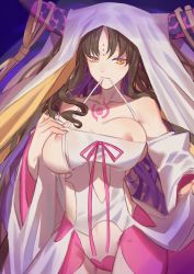 Rule 34 | 10s, 1girl, breasts, breasts out, collarbone, contrapposto, detached sleeves, facial mark, fate/extra, fate/extra ccc, fate (series), forehead mark, hand on own chest, highres, horn ornament, horn ring, horns, large breasts, looking to the side, mouth hold, multicolored hair, nipples, red cucumber, sessyoin kiara, solo, standing, two-tone hair, veil, yellow eyes