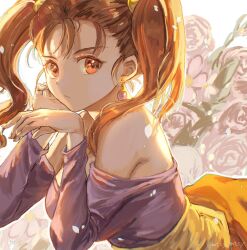 Rule 34 | 1girl, bare shoulders, breasts, closed mouth, commentary, corset, dragon quest, dragon quest viii, earrings, expressionless, falling petals, floral background, from side, hair behind ear, hair pulled back, hand on own face, highres, jessica albert, jewelry, large breasts, long hair, long sleeves, looking at viewer, looking to the side, macho ojiji, off-shoulder shirt, off shoulder, open hand, orange eyes, orange hair, orange skirt, petals, purple shirt, shirt, skirt, solo, symbol-only commentary, twintails, twitter username, upper body
