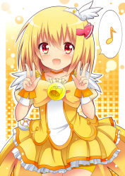 Rule 34 | 1girl, bad id, bad pixiv id, blonde hair, bow, brooch, collarbone, cosplay, cure peace, cure peace (cosplay), double v, female focus, hair ornament, hair ribbon, jewelry, looking at viewer, musical note, open mouth, precure, quaver, red eyes, ribbon, rumia, shinekalta, shirt, short hair, short sleeves, shorts, shorts under skirt, skirt, skirt set, smile, smile precure!, solo, speech bubble, spoken musical note, touhou, v, wrist cuffs, yellow bow, yellow shorts, yellow skirt, yellow theme