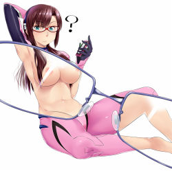 Rule 34 | 00s, 1girl, ?, armpits, arms up, bad id, bad pixiv id, blue eyes, blush, bodysuit, breasts, brown hair, cellphone, censored, convenient censoring, evangelion: 2.0 you can (not) advance, glasses, green eyes, hairband, icebox, interface headset, large breasts, long hair, looking at viewer, makinami mari illustrious, navel, neon genesis evangelion, phone, plugsuit, rebuild of evangelion, simple background, sitting, solo, white background, x-ray glasses, x-ray vision