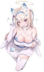Rule 34 | 1girl, absurdres, angel wings, animal ear fluff, animal ears, bandaid, bandaid hair ornament, bare shoulders, blue hair, breasts, cleavage, dog ears, dog girl, dog tail, dress, elbow gloves, fang, frilled skirt, frills, fuwawa abyssgard, gloves, hair ornament, hairclip, halo, highres, hololive, hololive english, large breasts, long hair, looking at viewer, multicolored hair, namiorii, open mouth, pink eyes, sidelocks, simple background, skin fang, skirt, solo, streaked hair, tail, thighhighs, two side up, virtual youtuber, white background, white dress, white thighhighs, wings
