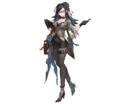 Rule 34 | 10s, 1girl, bag, black hair, boots, breasts, cleavage, collar, detached sleeves, dress, full body, glasses, gloves, granblue fantasy, hair ornament, holding, jacket, large breasts, long hair, looking away, minaba hideo, official art, pantyhose, pen, priest producer (granblue fantasy), serious, short dress, short sleeves, solo, standing, test tube, thigh strap, transparent background