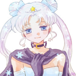 Rule 34 | 1girl, bishoujo senshi sailor moon, black cape, black gloves, black neckwear, blue bow, blue eyes, bow, cape, choker, closed mouth, double bun, earrings, gloves, hair bow, jewelry, kurokuzu (milkyway792), long hair, looking at viewer, simple background, smile, snowflakes, solo, star (symbol), star earrings, tsukino usagi, twintails, white background, white hair