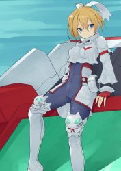 Rule 34 | 1girl, blaster master zero, blonde hair, blue eyes, bodysuit, boots, commentary, crop top, eve (blaster master zero), fingerless gloves, gloves, hair ribbon, highres, jpeg artifacts, light smile, namicha, red gloves, ribbon, short hair, solo, thigh boots, thighhighs, white ribbon