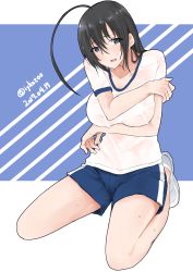 Rule 34 | 10s, 1girl, 2017, absurdres, ahoge, blue shorts, breast hold, breasts, crossed arms, dated, full body, girls und panzer, gym shirt, gym shorts, gym uniform, highres, irukatto, isuzu hana, kneeling, long hair, looking at viewer, parted lips, shirt, shoes, short shorts, short sleeves, shorts, single vertical stripe, sketch, sneakers, solo, sweat, twitter username, white footwear, white shirt