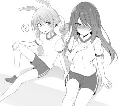 Rule 34 | 2girls, ?, animal ears, arm support, blush, breasts, carrot, cropped legs, greyscale, gym shirt, gym shorts, gym uniform, hand on own chest, highres, hololive, hololive indonesia, knee up, knees, light smile, long hair, looking at another, medium breasts, monochrome, moona hoshinova, multicolored hair, multiple girls, rabbit ears, shirt, shorts, simple background, sitting, small breasts, spoken question mark, starry hair, tsurime, twintails, two-tone hair, usada pekora, very long hair, virtual youtuber, white background, xiaowei (xxx29042536)