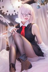Rule 34 | 1girl, ankle boots, bare shoulders, black-framed eyewear, black dress, black pantyhose, boots, breasts, brown footwear, collared dress, commentary request, cosplay, cosplay photo, curtains, dress, fate/grand order, fate (series), glasses, grey jacket, hair over one eye, hand on own knee, jacket, knees up, long sleeves, looking away, looking to the side, mash kyrielight, mash kyrielight (cosplay), medium breasts, off shoulder, open clothes, open jacket, pantyhose, parted lips, photo (medium), pink hair, purple eyes, short hair, sitting, sleeves past wrists, smile, solo