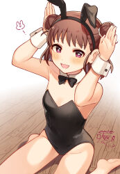 Rule 34 | 1girl, animal ear hairband, animal ears, arms up, black bow, black bowtie, blush, bow, bowtie, breasts, brown hair, detached collar, double bun, fake animal ears, groin, hair bun, hairband, highres, idolmaster, idolmaster cinderella girls, leotard, looking at viewer, mmmakaron888, munakata atsumi, playboy bunny, rabbit ear hairband, rabbit ears, rabbit pose, signature, sitting, small breasts, smile, soles, solo, strapless, strapless leotard, toes, wariza, wooden floor, wrist cuffs