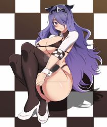 Rule 34 | 1girl, ass, azmi yudista, breasts, brown eyes, cameltoe, camilla (fire emblem), checkered background, closed mouth, fire emblem, fire emblem fates, fire emblem heroes, highres, huge ass, large breasts, looking at viewer, nintendo, purple hair, sleeve cuffs, smile, solo, thighhighs