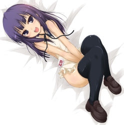 Rule 34 | 1girl, apron, bad id, bad pixiv id, badge, bare shoulders, bed sheet, black thighhighs, blush, female focus, from above, legs together, long hair, looking at viewer, lying, naked apron, neck ribbon, on back, open mouth, purple eyes, purple hair, ribbon, shoes, solo, thighhighs, tsurime, v arms, working!!, yamada aoi, yumesato makura
