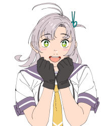Rule 34 | + +, 1girl, antenna hair, black gloves, clenched hands, gloves, green eyes, hair tie, kantai collection, kinugasa (kancolle), looking at viewer, medium hair, necktie, ojipon, one side up, open mouth, purple sailor collar, round teeth, sailor collar, sailor shirt, school uniform, serafuku, shirt, simple background, solo, teeth, upper body, upper teeth only, white background, yellow necktie