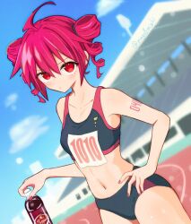 1girl alternate_costume arm_tattoo black_buruma black_sports_bra blue_sky bottle buruma cloud commentary_request day hand_on_own_hip holding holding_bottle kasane_teto mizuki_magohachi number_tattoo red_tattoo skirt sky solo sports_bikini sports_bra sportswear stadium tattoo utau