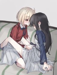 Rule 34 | 2girls, between legs, black hair, blonde hair, blue dress, blue ribbon, blush, closed eyes, closed mouth, commentary request, couch, crying, dress, fingering, hand on another&#039;s arm, highres, inoue takina, long hair, long sleeves, looking at another, lycoris recoil, lycoris uniform, medium hair, multiple girls, neck ribbon, nishikigi chisato, on couch, pleated skirt, red dress, red eyes, ribbon, sitting, skirt, sweat, syonosuke9573, tears, yuri