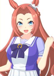 Rule 34 | 1girl, 2-butani, absurdres, animal ears, blue eyes, blush, bow, bowtie, breasts, brown hair, clenched hand, commentary, commentary request, highres, horse ears, horse girl, kawakami princess (umamusume), korean commentary, large breasts, long hair, parted bangs, purple shirt, sailor collar, school uniform, shirt, short sleeves, simple background, skirt, slit pupils, smile, solo, tracen school uniform, umamusume, upper body, white background, white skirt