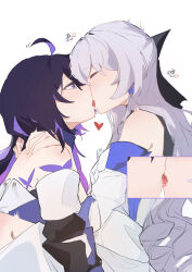 Rule 34 | 2girls, absurdres, ahoge, ao qishiqi, blush, bronya rand, closed eyes, commentary request, french kiss, grey hair, hands on another&#039;s shoulders, heart, highres, honkai: star rail, honkai (series), kiss, multicolored hair, multiple girls, purple eyes, purple hair, seele (honkai: star rail), tongue, yuri
