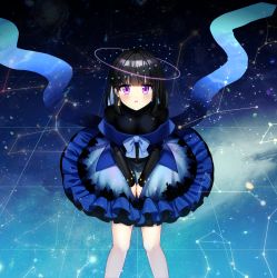 Rule 34 | 1girl, absurdres, bad id, bad pixiv id, black hair, black shirt, blue bow, blue hair, blue skirt, bow, breasts, cancer (constellation), capricorn (constellation), commentary request, constellation, earrings, feet out of frame, frilled skirt, frills, hands on lap, highres, jewelry, leo (constellation), libra (constellation), long hair, long sleeves, looking at viewer, mamel 27, medium breasts, multicolored hair, original, parted lips, purple eyes, shirt, sitting, skirt, solo, two-tone hair