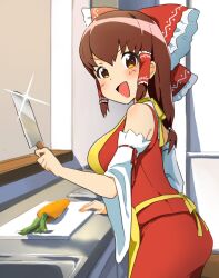 Rule 34 | 1girl, apron, blush, bow, breasts, brown eyes, brown hair, carrot, commentary request, cookie (touhou), cowboy shot, cutting board, detached sleeves, frilled bow, frilled hair tubes, frills, glint, hair bow, hair tubes, hakurei reimu, highres, holding, holding knife, indoors, kanna (cookie), kitchen knife, knife, large breasts, long hair, looking at viewer, looking to the side, medium bangs, open mouth, pura (aiueo256375), red bow, red shirt, red skirt, shirt, sidelocks, sink, skirt, sleeveless, sleeveless shirt, smile, solo, touhou, v-shaped eyebrows, white sleeves, wide sleeves, yellow apron