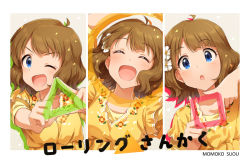 Rule 34 | 1girl, ^ ^, ahoge, blue eyes, blush, brown hair, character name, closed eyes, closed eyes, flower, hair flower, hair ornament, idolmaster, idolmaster million live!, looking at viewer, multiple views, open mouth, shapes, short hair, smile, square, suou momoko, translation request, triangle, v-shaped eyebrows, zattape