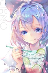 Rule 34 | 1girl, artist name, blouse, blue bow, blue dress, blue eyes, blue hair, blush, bow, character name, cirno, commentary request, dress, dress shirt, eyelashes, food, fruit, hair bow, highres, holding, ice, ice cream, ice cream cup, ice cream spoon, ice wings, lemon, licking lips, lime (fruit), lime slice, looking at viewer, puffy short sleeves, puffy sleeves, red ribbon, ribbon, shirt, short hair, short sleeves, simple background, solo, spoon, tongue, tongue out, touhou, tuanz, upper body, water drop, watermark, white background, white shirt, wings