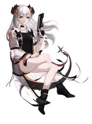 Rule 34 | 1girl, ankle cuffs, arknights, bare legs, black footwear, black shirt, brown eyes, commentary, crossed legs, gun, hand up, highres, holding, holding gun, holding weapon, horns, jacket, left-handed, long hair, long sleeves, looking at viewer, mmmegh, open clothes, open jacket, saria (arknights), shirt, shoes, silver hair, sitting, solo, tail, thighs, transparent background, weapon, white jacket