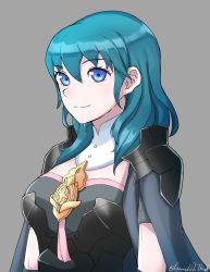 Rule 34 | 1girl, armor, blue eyes, blue hair, breasts, byleth (female) (fire emblem), byleth (fire emblem), cape, fire emblem, fire emblem: three houses, grey background, grimmelsdathird, hair ornament, highres, long hair, looking at viewer, nintendo, short hair, simple background, smile, solo
