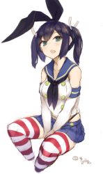 Rule 34 | 1girl, absurdres, animal ears, artist name, between legs, black hair, black panties, blue eyes, blue sailor collar, blue skirt, breasts, cosplay, cropped legs, elbow gloves, fake animal ears, gloves, green eyes, hair ribbon, hand between legs, highleg, highleg panties, highres, kantai collection, looking at viewer, medium breasts, microskirt, open mouth, panties, pleated skirt, rabbit ears, ribbon, ryo (tg290), sailor collar, shimakaze (kancolle), shimakaze (kancolle) (cosplay), short hair, sidelocks, simple background, sitting, skirt, solo, souryuu (kancolle), striped clothes, striped thighhighs, thighhighs, twintails, underwear, white background, white gloves, white ribbon, zettai ryouiki
