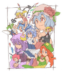 Rule 34 | 6+girls, :/, :o, adapted costume, alternate costume, alternate hair length, alternate hairstyle, apron, armband, arms up, bare shoulders, bat wings, beret, bespectacled, black border, blonde hair, bloomers, blue dress, blue eyes, blue hair, border, bow, braid, cirno, collarbone, commentary request, crescent, crescent pin, daiyousei, detached wings, dragon print, dress, dress shirt, embodiment of scarlet devil, expressionless, fairy wings, fang, flandre scarlet, flower, frown, glasses, graphite (medium), green hair, hair between eyes, hair bow, hat, hat flower, hat ornament, head wings, highres, hong meiling, ice, ice wings, izayoi sakuya, knife, knife sheath, knife sheath, koakuma, laevatein, legband, long hair, long sleeves, looking at another, looking up, low wings, lying, maid, maid headdress, mechanical pencil, mob cap, multiple girls, necktie, numa (minus 4k), on stomach, patchouli knowledge, pencil, pince-nez, pocket watch, puffy short sleeves, puffy sleeves, purple dress, purple eyes, purple hair, red eyes, red neckwear, remilia scarlet, rose, rumia, serious, sheath, shirt, short hair, short sleeves, side ponytail, sidelocks, simple background, sitting, sitting on person, skirt, skirt set, sleeveless, sleeveless shirt, star (symbol), touhou, traditional media, twin braids, unbuttoned, underwear, v-shaped eyebrows, vest, waist apron, watch, white background, white shirt, wings, wrist cuffs