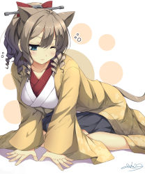 Rule 34 | 10s, 1girl, 3;&lt;, absurdres, all fours, animal ears, blue eyes, blush, bow, breasts, brown hair, cat ears, cat tail, drill hair, full body, hair between eyes, hair bow, hatakaze (kancolle), high ponytail, highres, japanese clothes, kantai collection, kemonomimi mode, kimono, large breasts, one eye closed, red bow, sheita, short ponytail, sleepy, solo, tail, v-shaped eyebrows