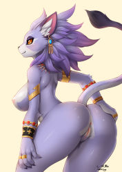 Rule 34 | 1girl, alternate form, animal ear fluff, animal ears, animal hands, animal nose, anus, arched back, arm at side, armlet, artist name, ass, ass grab, back, big hair, body fur, bracelet, breasts, cat ears, cat girl, cat tail, claws, clitoris, closed mouth, colored sclera, completely nude, curvy, earrings, fangs, fingernails, from behind, furry, furry female, hand on own ass, highres, huge ass, isabella (seiken densetsu 3), jewelry, large breasts, leaning forward, looking at viewer, looking back, nipples, nude, photoshop (medium), purple fur, purple hair, pussy, red eyes, red sclera, ring, seiken densetsu, seiken densetsu 3, sharp fingernails, signature, simple background, slit pupils, smile, snout, solo, spiked hair, tail, two-tone fur, uncensored, white fur, wolflong, yellow pupils