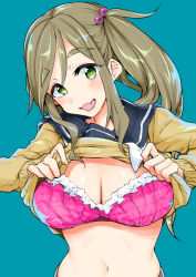 Rule 34 | 1girl, aqua background, blue background, blush, bra, breasts, cardigan, cleavage, clothes lift, commentary request, fang, frilled bra, frills, green eyes, hair bobbles, hair ornament, head tilt, inuyama aoi, large breasts, lifted by self, long hair, looking at viewer, midriff, nakasone haiji, navel, open mouth, purple bra, school uniform, serafuku, side ponytail, simple background, skin fang, solo, stomach, thick eyebrows, underwear, upper body, yurucamp