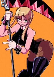 Rule 34 | 1girl, absurdres, ass, bare shoulders, black leotard, blonde hair, breasts, collar, commission, gloves, green eyes, grin, highres, holding, holding scythe, holding weapon, large breasts, leotard, maka albarn, open mouth, orange background, pantyhose, playboy bunny, scythe, short twintails, simple background, smile, soul eater, standing, twintails, vakodraws, weapon, white collar, yellow background