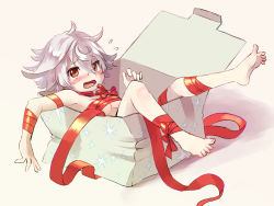 Rule 34 | 1girl, blush, box, breasts, commentary, curly hair, embarrassed, flying sweatdrops, hair between eyes, highres, in box, in container, looking at viewer, made in abyss, medium breasts, naked ribbon, nude, open mouth, prushka, raised eyebrows, red eyes, red ribbon, ribbon, short hair, solo, taira (zattairattt), white background, white hair